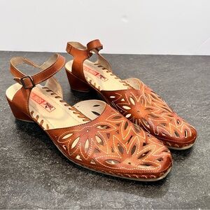 Pikolinos Romana Brown Leather Sandals, Laser Cut Design,Ankle Strap 41(10.5-11)